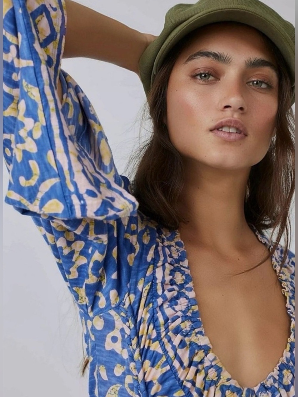 Free people Retro 70’s bohemian on the block blue V Bell sleeve top size S